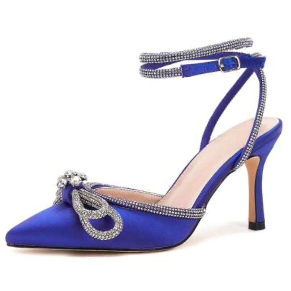 Shoes - Women's Rhinestone Bow Sling Back Pointed Toe Mid Kitten Heel  Shoes